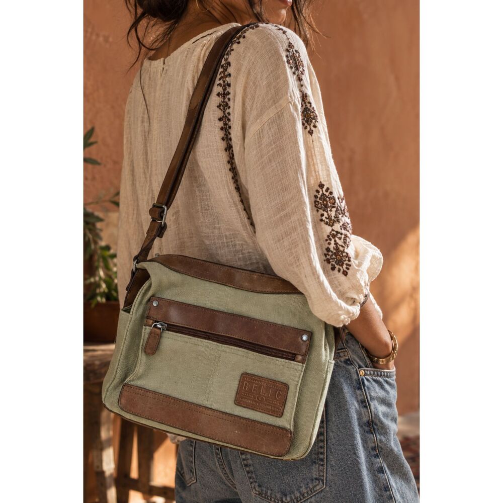Relic Canvas Crossbody Shoulder Bag Brown Trim Adjustable Strap Multi Pocket